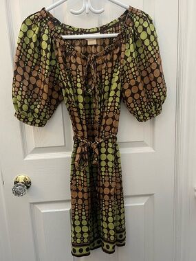 Michael Kors Green and Brown Polka Dot Midi Dress with Tie